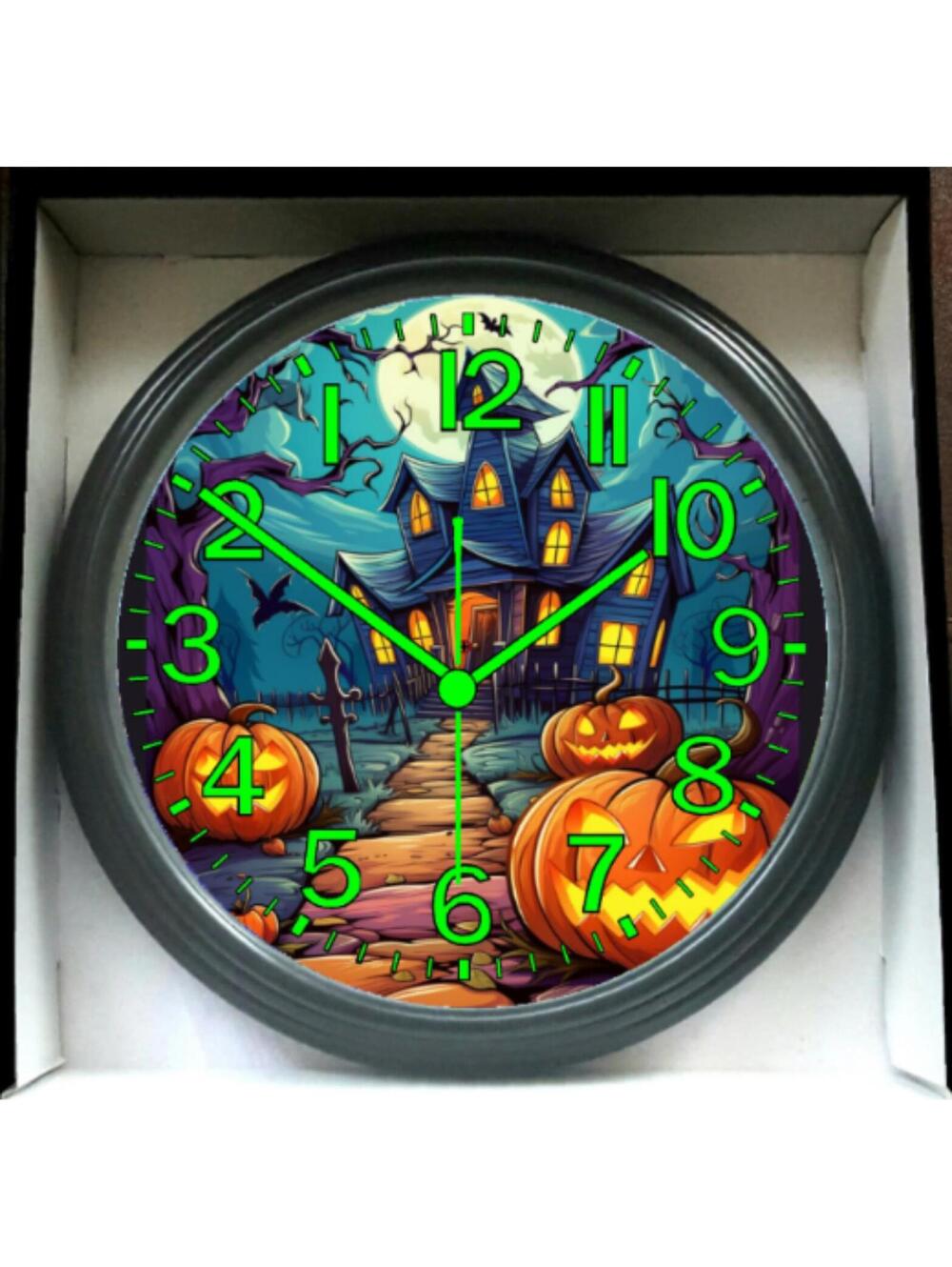 REVERSE TICKING CLOCK  Halloween Glow In The Dark Wall Clock New!
